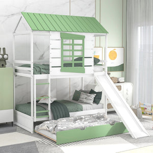 English Elm Twin House Bunk Bed with Slide Trundle Pine Wood Kids Playroom Three Sleeper GX000538AAK-2