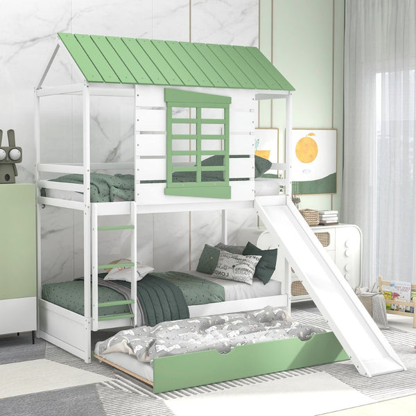 English Elm Twin House Bunk Bed with Slide Trundle Pine Wood Kids Playroom Three Sleeper GX000538AAK-2