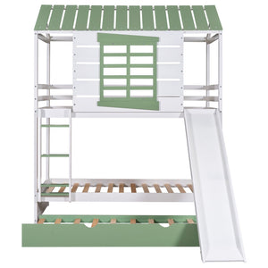 English Elm Twin House Bunk Bed with Slide Trundle Pine Wood Kids Playroom Three Sleeper GX000538AAK-2