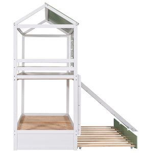 English Elm Twin House Bunk Bed with Slide Trundle Pine Wood Kids Playroom Three Sleeper GX000538AAK-2