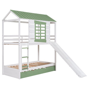 English Elm Twin House Bunk Bed with Slide Trundle Pine Wood Kids Playroom Three Sleeper GX000538AAK-2