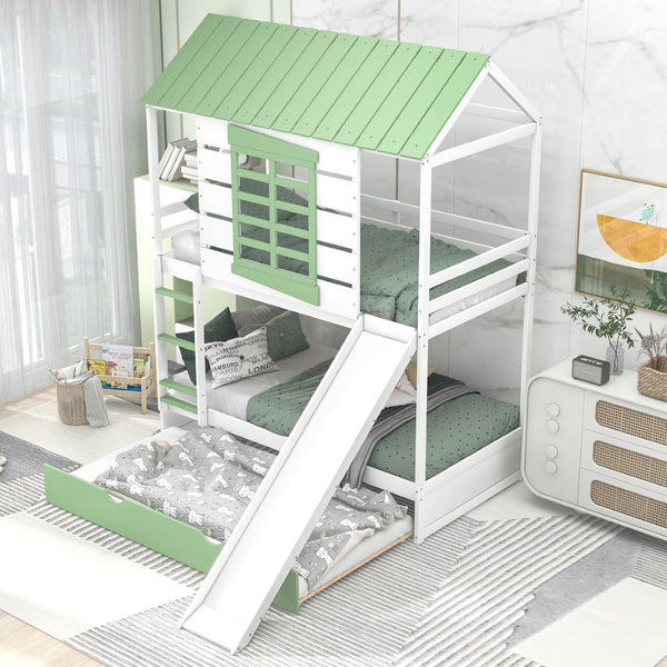 English Elm Twin House Bunk Bed with Slide Trundle Pine Wood Kids Playroom Three Sleeper GX000538AAK-2