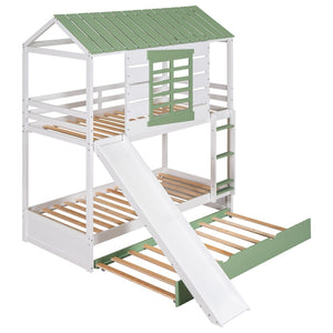 English Elm Twin House Bunk Bed with Slide Trundle Pine Wood Kids Playroom Three Sleeper GX000538AAK-2
