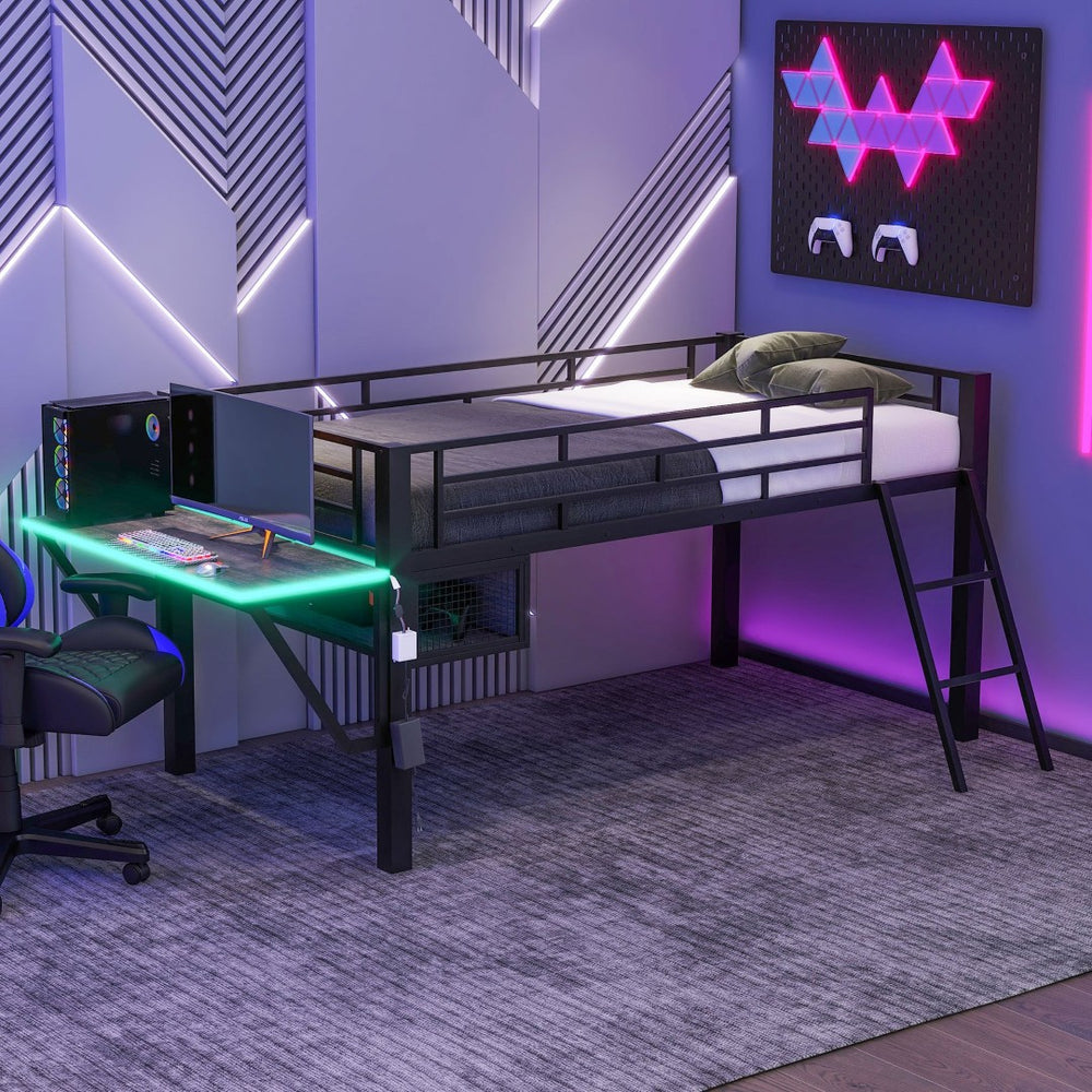 English Elm Gaming Twin Loft Bed with Integrated Desk Led Lighting Steel Frame Matte Black GX000639AAB
