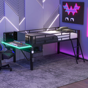 English Elm Gaming Twin Loft Bed with Integrated Desk Led Lighting Steel Frame Matte Black GX000639AAB