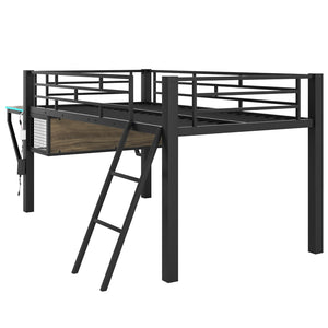 English Elm Gaming Twin Loft Bed with Integrated Desk Led Lighting Steel Frame Matte Black GX000639AAB