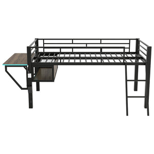 English Elm Gaming Twin Loft Bed with Integrated Desk Led Lighting Steel Frame Matte Black GX000639AAB