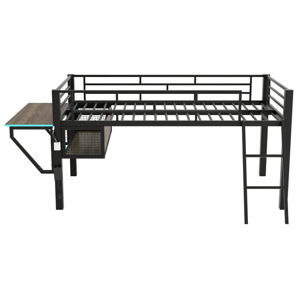 English Elm Gaming Twin Loft Bed with Integrated Desk Led Lighting Steel Frame Matte Black GX000639AAB