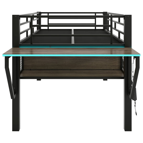 English Elm Gaming Twin Loft Bed with Integrated Desk Led Lighting Steel Frame Matte Black GX000639AAB