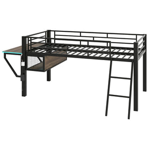 English Elm Gaming Twin Loft Bed with Integrated Desk Led Lighting Steel Frame Matte Black GX000639AAB