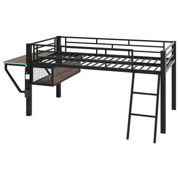 English Elm Gaming Twin Loft Bed with Integrated Desk Led Lighting Steel Frame Matte Black GX000639AAB