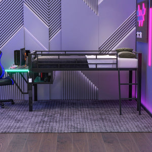 English Elm Gaming Twin Loft Bed with Integrated Desk Led Lighting Steel Frame Matte Black GX000639AAB