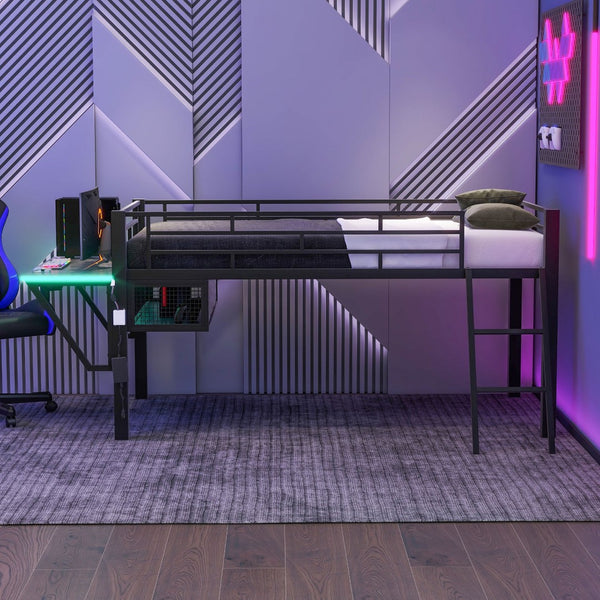 English Elm Gaming Twin Loft Bed with Integrated Desk Led Lighting Steel Frame Matte Black GX000639AAB