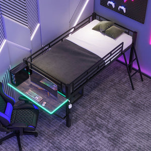 English Elm Gaming Twin Loft Bed with Integrated Desk Led Lighting Steel Frame Matte Black GX000639AAB