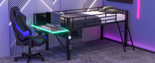 English Elm Gaming Twin Loft Bed with Integrated Desk Led Lighting Steel Frame Matte Black GX000639AAB