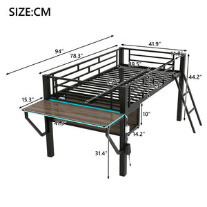 English Elm Gaming Twin Loft Bed with Integrated Desk Led Lighting Steel Frame Matte Black GX000639AAB