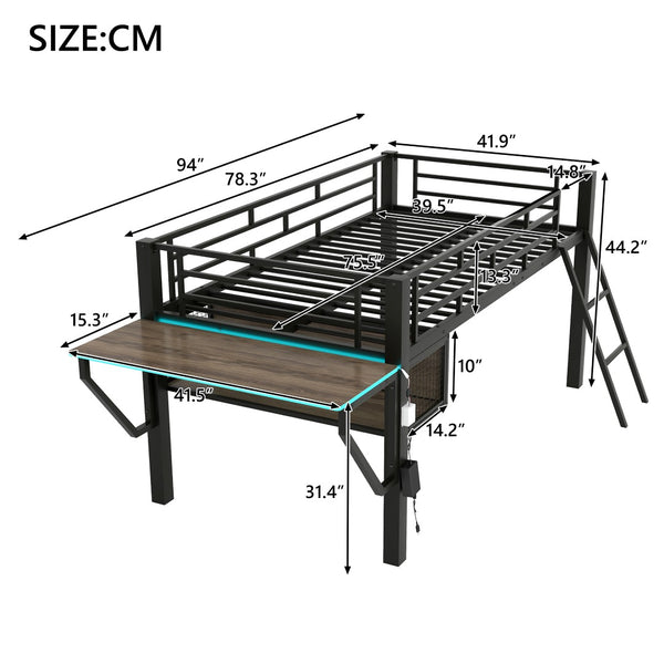 English Elm Gaming Twin Loft Bed with Integrated Desk Led Lighting Steel Frame Matte Black GX000639AAB