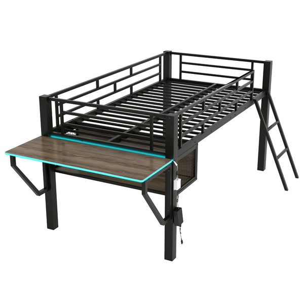 English Elm Gaming Twin Loft Bed with Integrated Desk Led Lighting Steel Frame Matte Black GX000639AAB