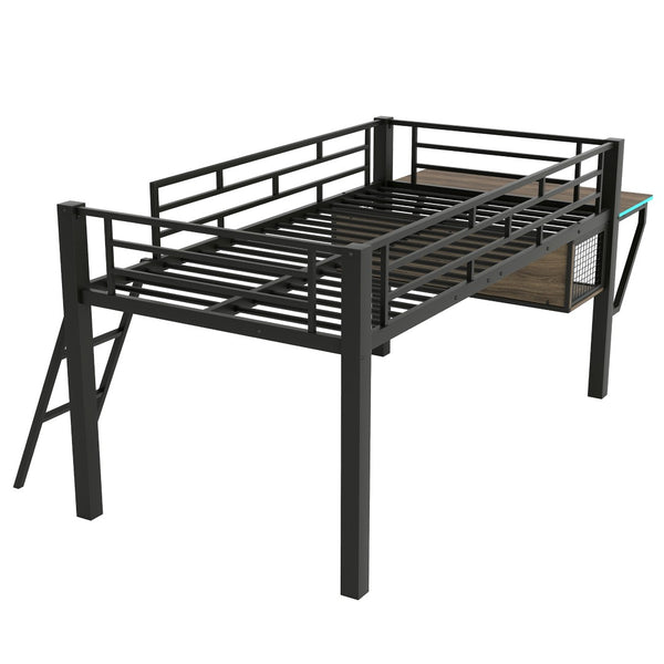 English Elm Gaming Twin Loft Bed with Integrated Desk Led Lighting Steel Frame Matte Black GX000639AAB