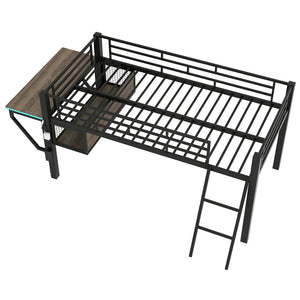 English Elm Gaming Twin Loft Bed with Integrated Desk Led Lighting Steel Frame Matte Black GX000639AAB