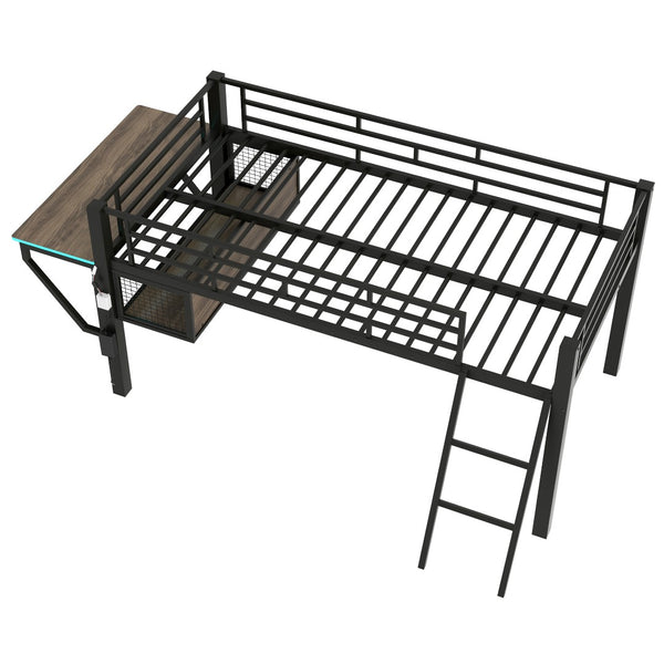 English Elm Gaming Twin Loft Bed with Integrated Desk Led Lighting Steel Frame Matte Black GX000639AAB