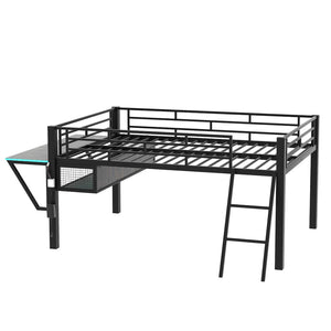 English Elm Gaming Full Size Mid Loft Bed with Led Lights Built-in Desk and Steel Frame GX000640AAB-1