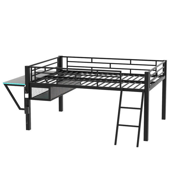 English Elm Gaming Full Size Mid Loft Bed with Led Lights Built-in Desk and Steel Frame GX000640AAB-1