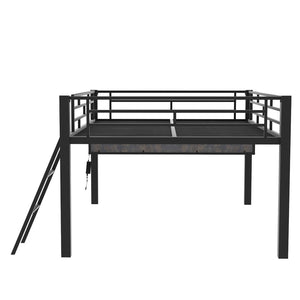 English Elm Gaming Full Size Mid Loft Bed with Led Lights Built-in Desk and Steel Frame GX000640AAB-1