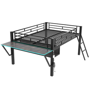 English Elm Gaming Full Size Mid Loft Bed with Led Lights Built-in Desk and Steel Frame GX000640AAB-1