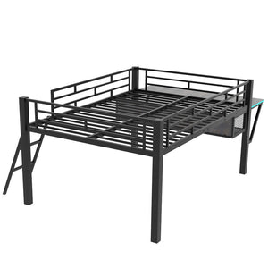 English Elm Gaming Full Size Mid Loft Bed with Led Lights Built-in Desk and Steel Frame GX000640AAB-1