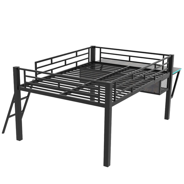 English Elm Gaming Full Size Mid Loft Bed with Led Lights Built-in Desk and Steel Frame GX000640AAB-1