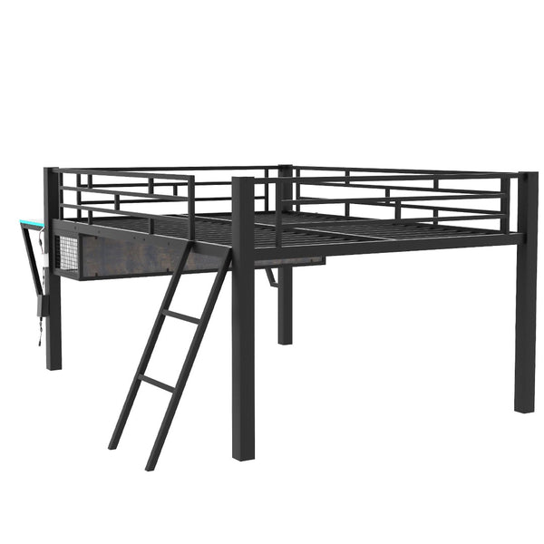 English Elm Gaming Full Size Mid Loft Bed with Led Lights Built-in Desk and Steel Frame GX000640AAB-1