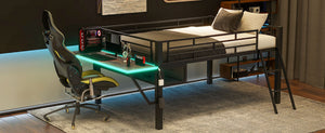 English Elm Gaming Full Size Mid Loft Bed with Led Lights Built-in Desk and Steel Frame GX000640AAB-1