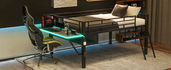 English Elm Gaming Full Size Mid Loft Bed with Led Lights Built-in Desk and Steel Frame GX000640AAB-1