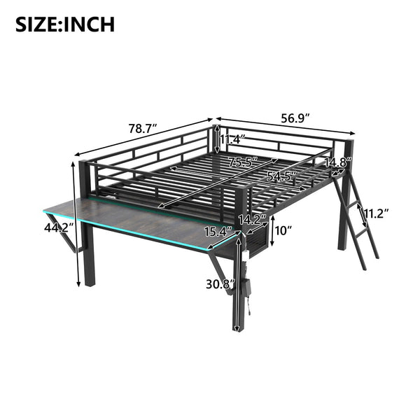 English Elm Gaming Full Size Mid Loft Bed with Led Lights Built-in Desk and Steel Frame GX000640AAB-1