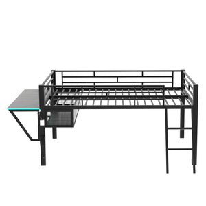 English Elm Gaming Full Size Mid Loft Bed with Led Lights Built-in Desk and Steel Frame GX000640AAB-1