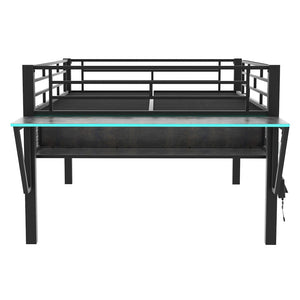 English Elm Gaming Full Size Mid Loft Bed with Led Lights Built-in Desk and Steel Frame GX000640AAB-1