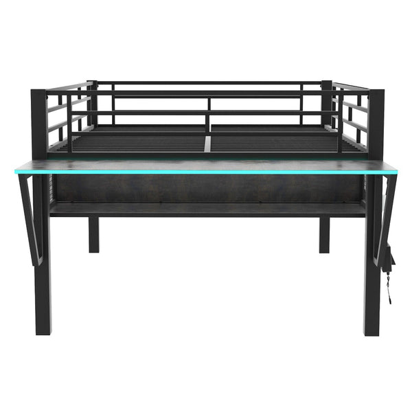 English Elm Gaming Full Size Mid Loft Bed with Led Lights Built-in Desk and Steel Frame GX000640AAB-1