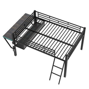 English Elm Gaming Full Size Mid Loft Bed with Led Lights Built-in Desk and Steel Frame GX000640AAB-1