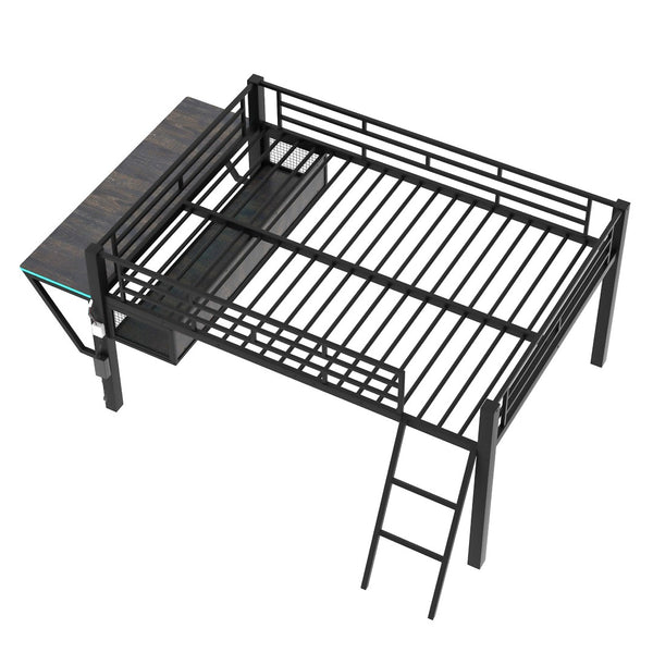 English Elm Gaming Full Size Mid Loft Bed with Led Lights Built-in Desk and Steel Frame GX000640AAB-1