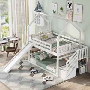 English Elm Twin Over House Bunk Bed with Slide Storage Staircase for Kids Playroom GX000707AAK-2