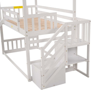 English Elm Twin Over House Bunk Bed with Slide Storage Staircase for Kids Playroom GX000707AAK-2