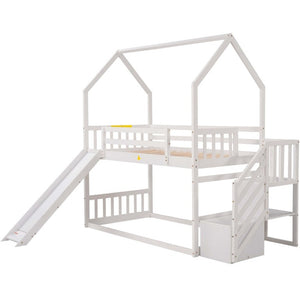 English Elm Twin Over House Bunk Bed with Slide Storage Staircase for Kids Playroom GX000707AAK-2
