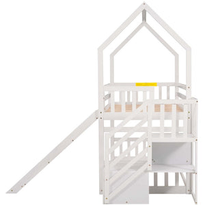 English Elm Twin Over House Bunk Bed with Slide Storage Staircase for Kids Playroom GX000707AAK-2