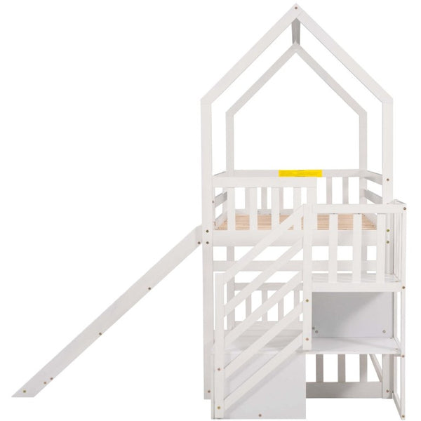 English Elm Twin Over House Bunk Bed with Slide Storage Staircase for Kids Playroom GX000707AAK-2