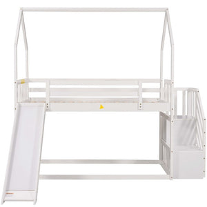 English Elm Twin Over House Bunk Bed with Slide Storage Staircase for Kids Playroom GX000707AAK-2