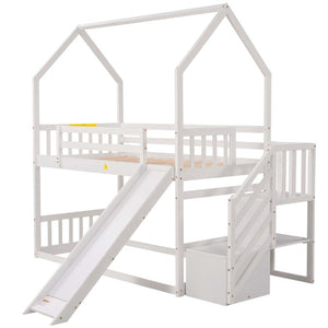 English Elm Twin Over House Bunk Bed with Slide Storage Staircase for Kids Playroom GX000707AAK-2