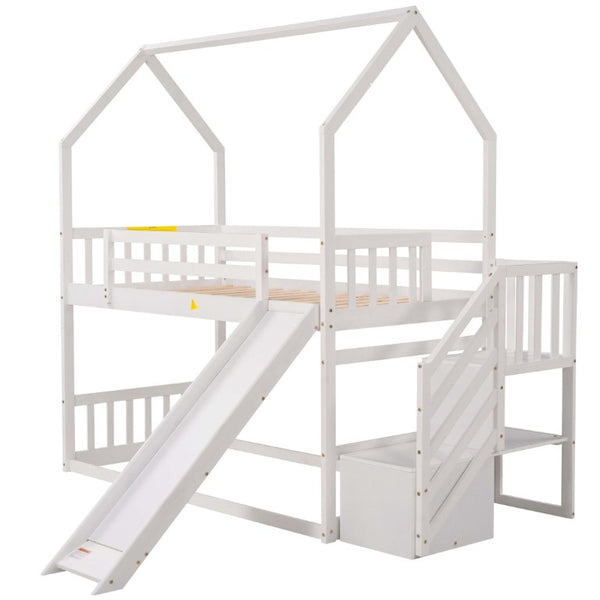 English Elm Twin Over House Bunk Bed with Slide Storage Staircase for Kids Playroom GX000707AAK-2