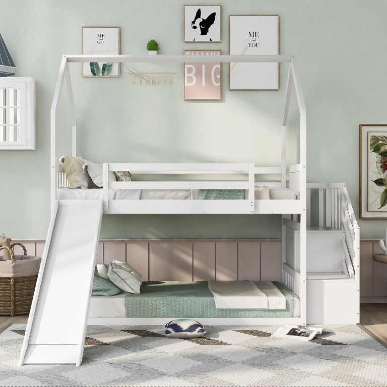 English Elm Twin Over House Bunk Bed with Slide Storage Staircase for Kids Playroom GX000707AAK-2