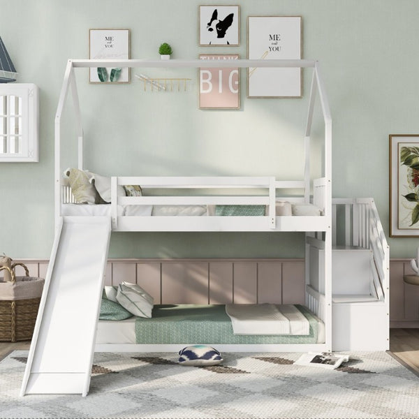 English Elm Twin Over House Bunk Bed with Slide Storage Staircase for Kids Playroom GX000707AAK-2